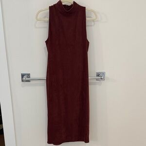 Suede Midi Sleeveless Burgundy Dress Mock Neck
